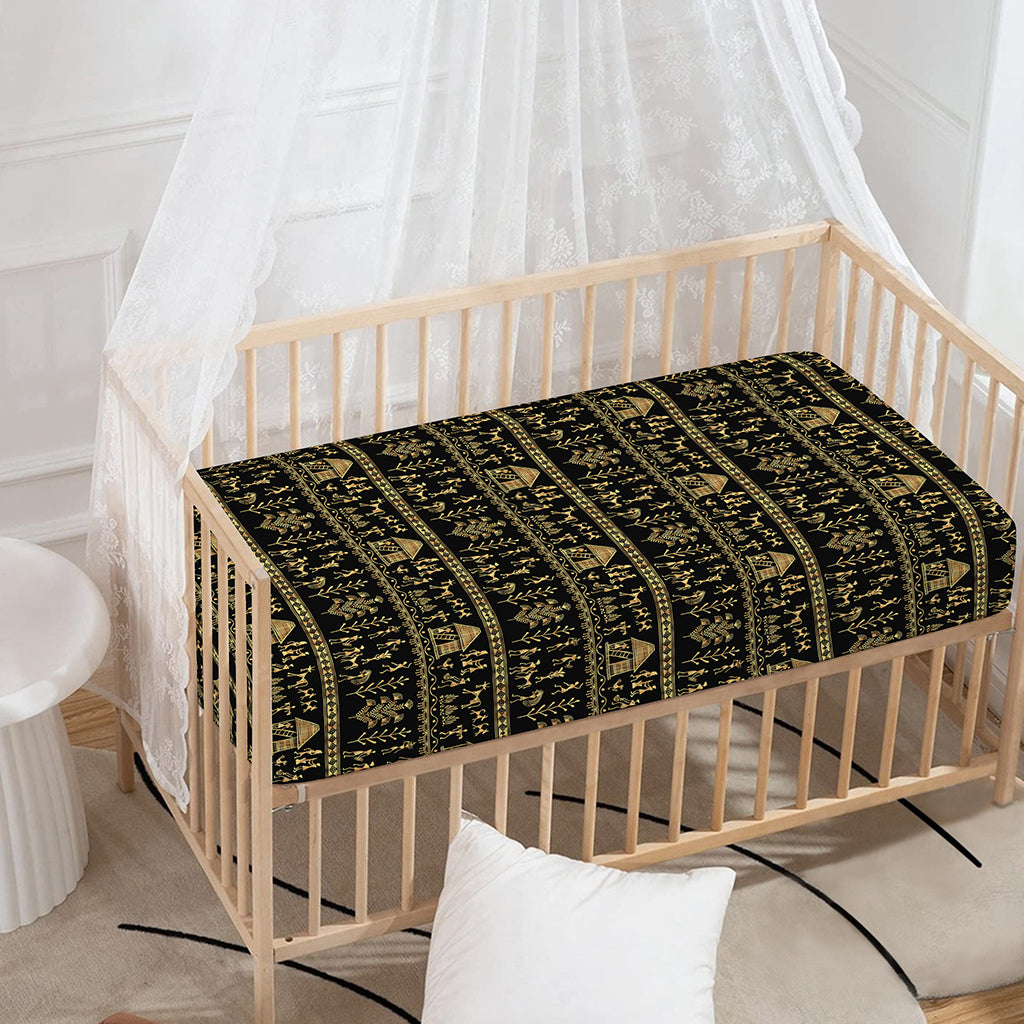 Black And Gold Warli Pattern Print Baby Crib Sheet