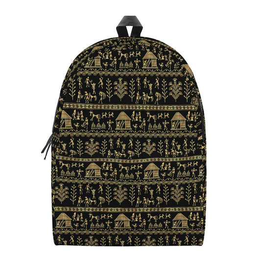 Black And Gold Warli Pattern Print Backpack