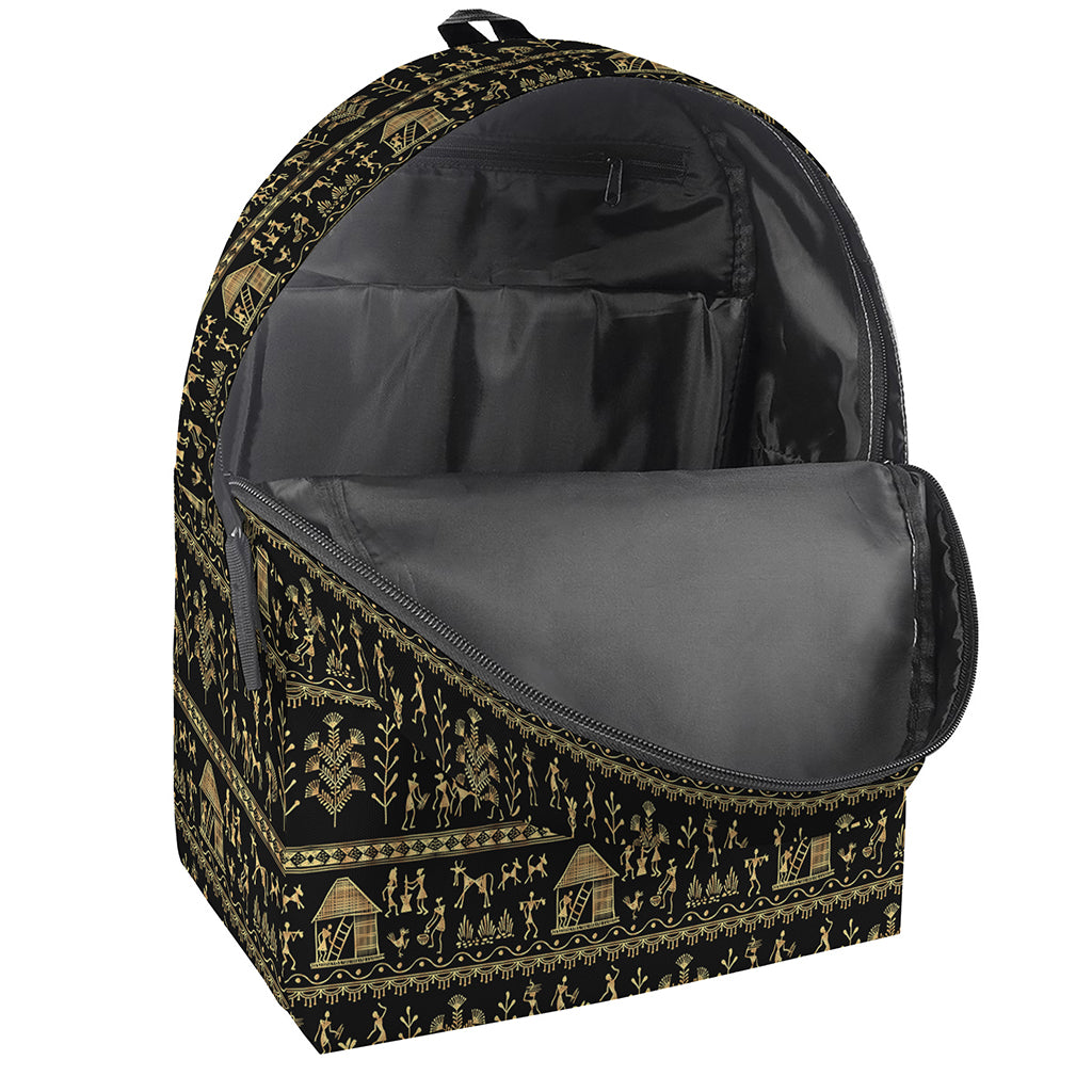 Black And Gold Warli Pattern Print Backpack