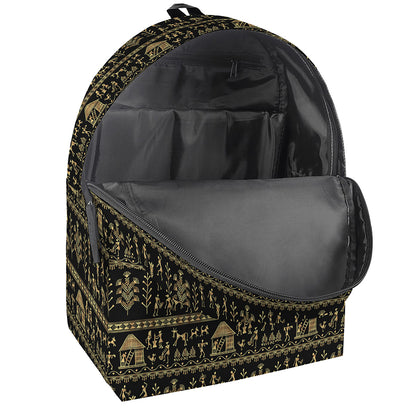 Black And Gold Warli Pattern Print Backpack