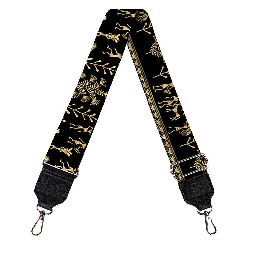 Black And Gold Warli Pattern Print Bag Strap