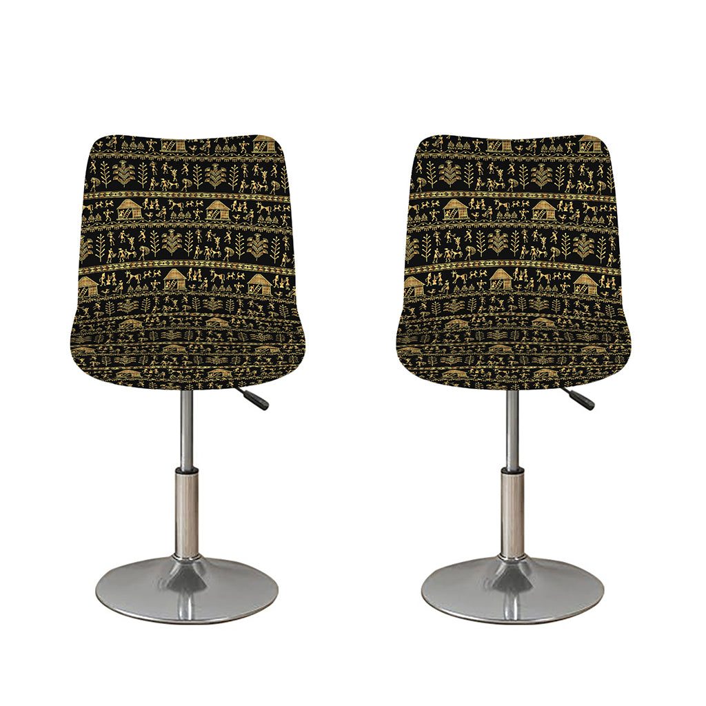 Black And Gold Warli Pattern Print Bar Stool Covers