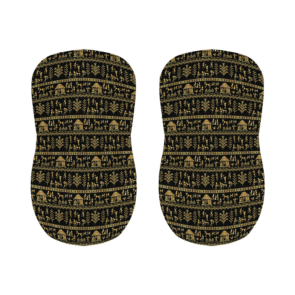 Black And Gold Warli Pattern Print Bar Stool Covers