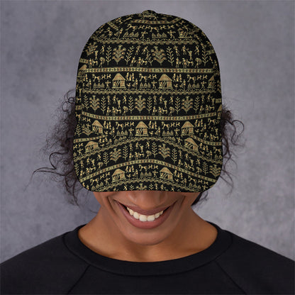 Black And Gold Warli Pattern Print Baseball Cap