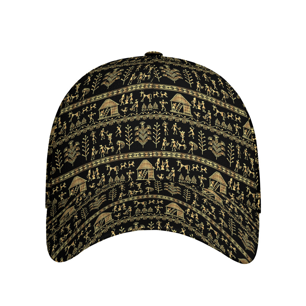 Black And Gold Warli Pattern Print Baseball Cap