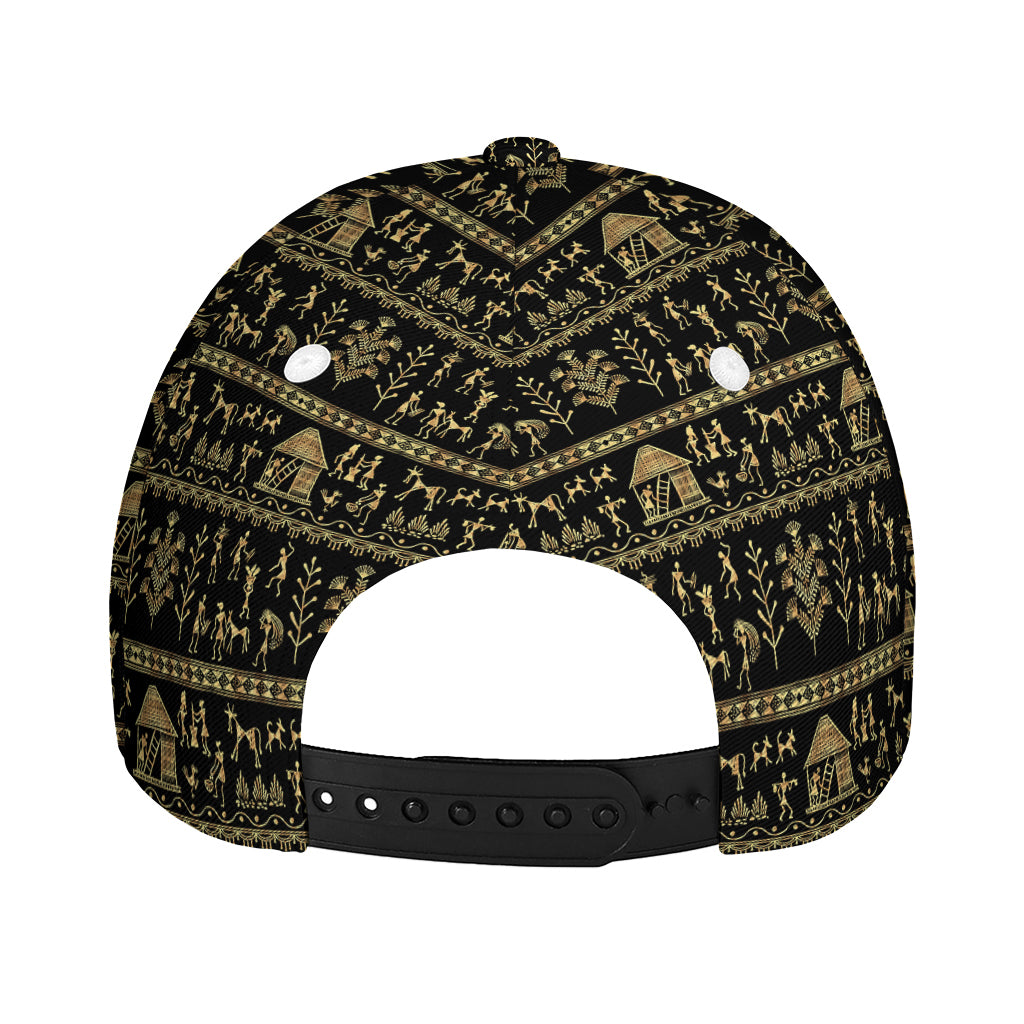 Black And Gold Warli Pattern Print Baseball Cap