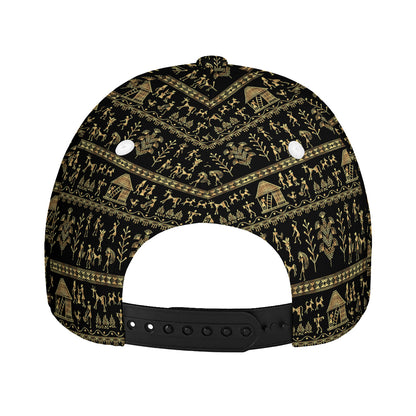Black And Gold Warli Pattern Print Baseball Cap