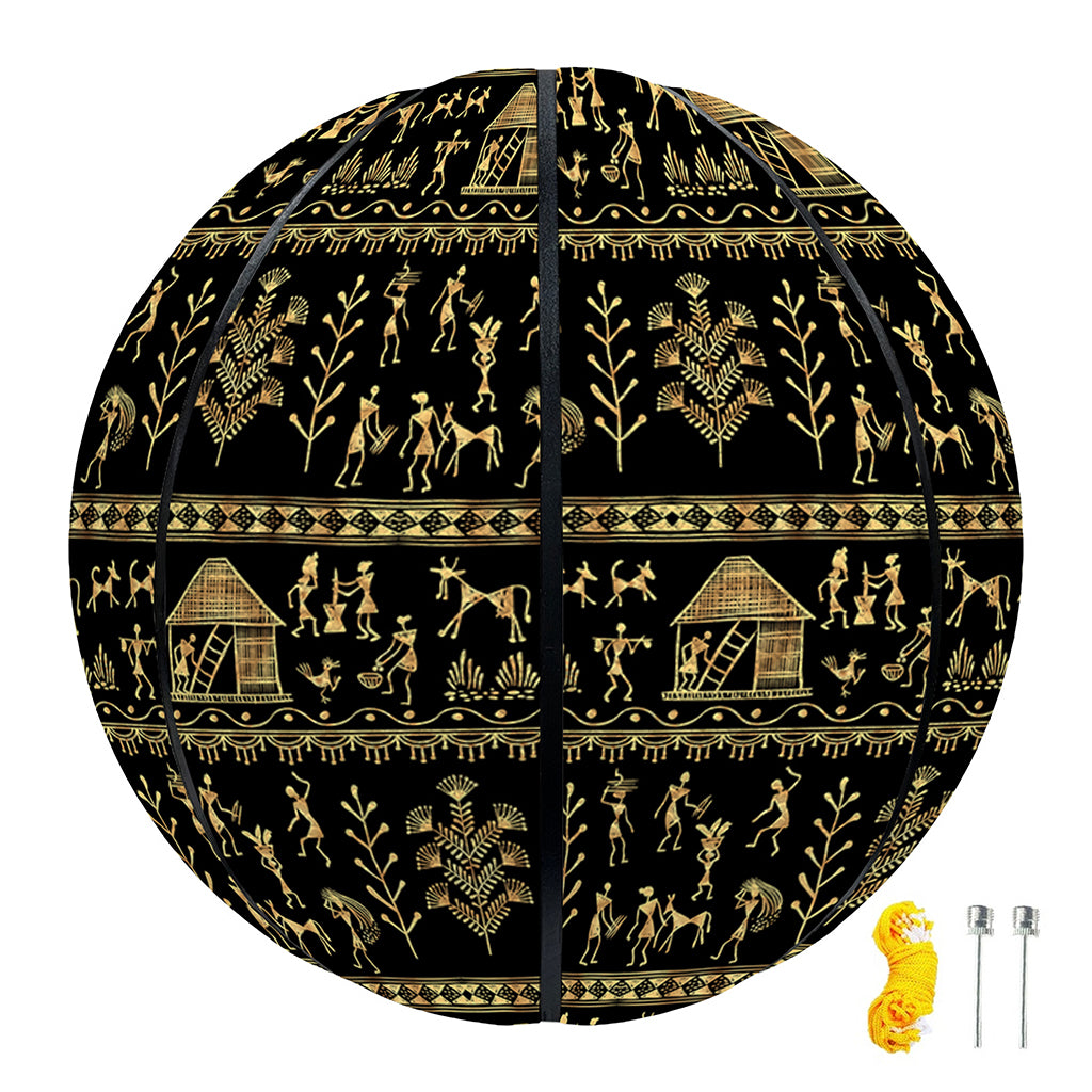 Black And Gold Warli Pattern Print Basketball