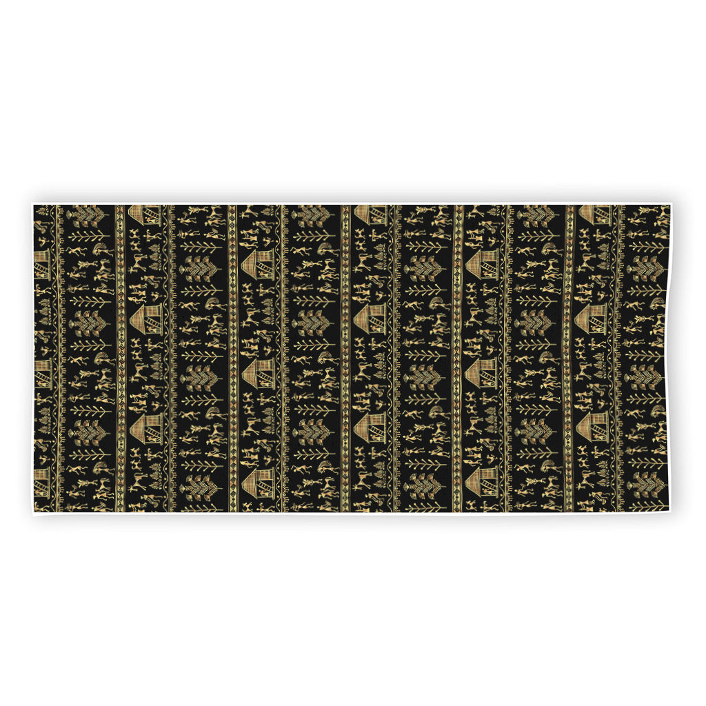 Black And Gold Warli Pattern Print Beach Towel