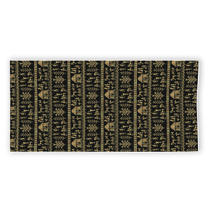 Black And Gold Warli Pattern Print Beach Towel