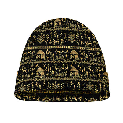 Black And Gold Warli Pattern Print Beanie