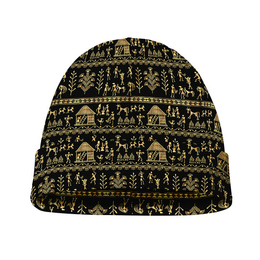 Black And Gold Warli Pattern Print Beanie