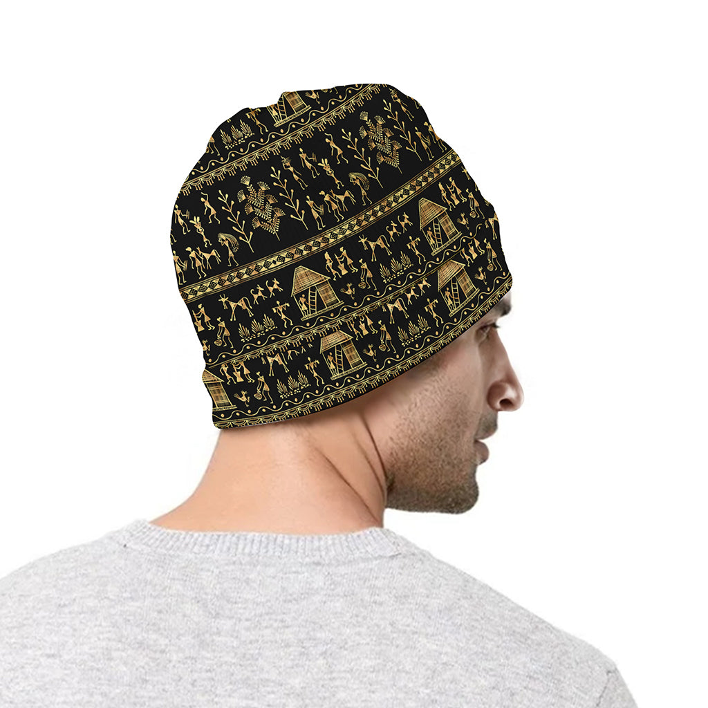 Black And Gold Warli Pattern Print Beanie