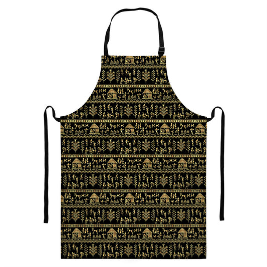 Black And Gold Warli Pattern Print Bib Apron With Pocket