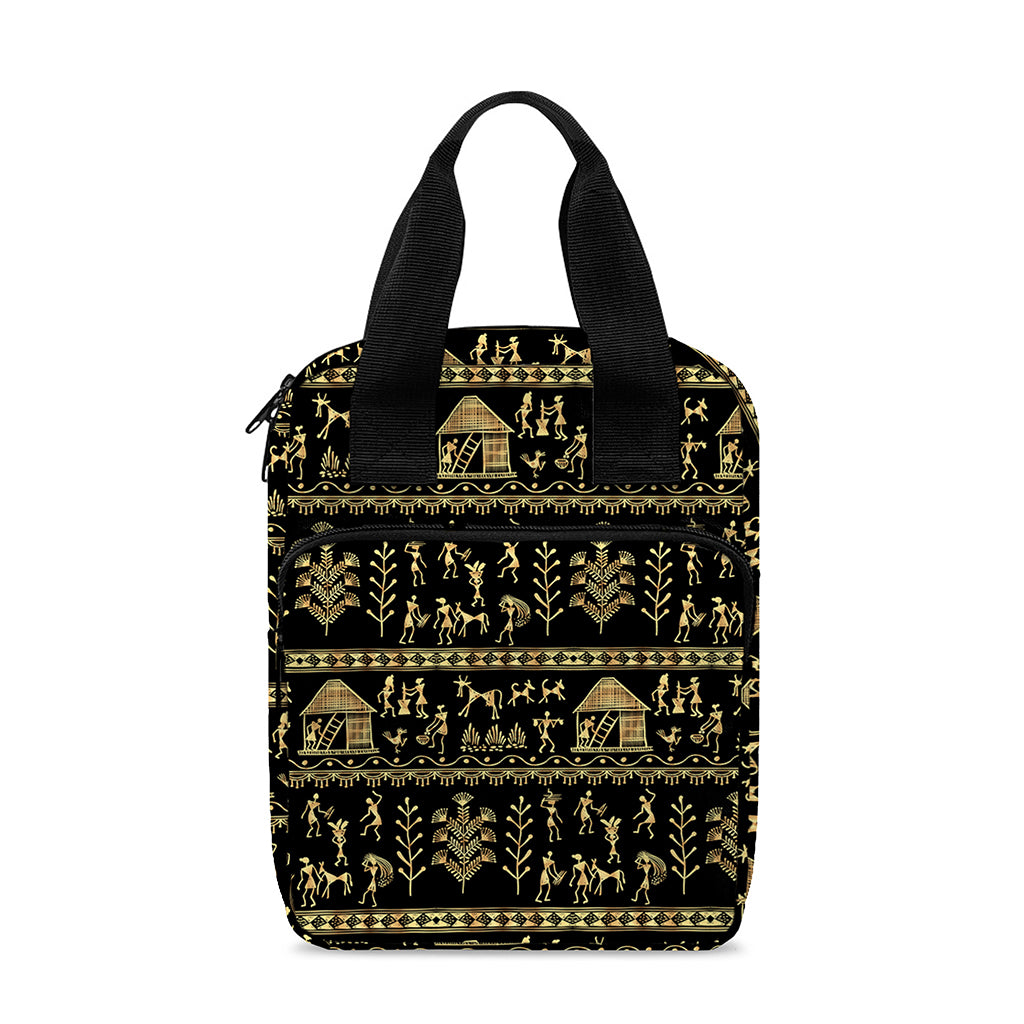 Black And Gold Warli Pattern Print Bible Tote Bag