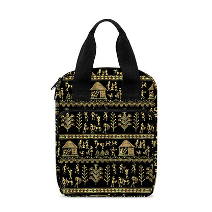Black And Gold Warli Pattern Print Bible Tote Bag
