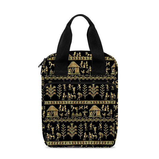 Black And Gold Warli Pattern Print Bible Tote Bag