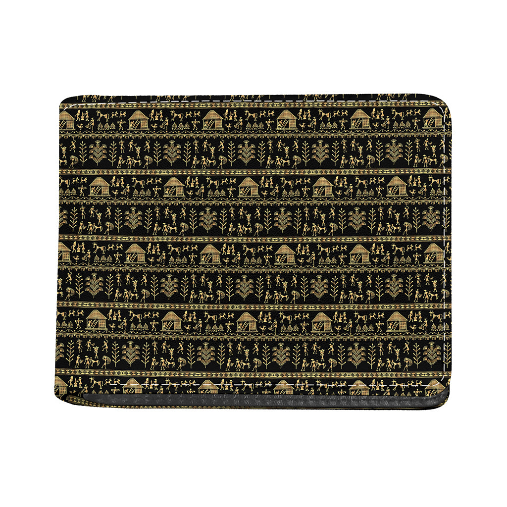 Black And Gold Warli Pattern Print Bifold Wallet