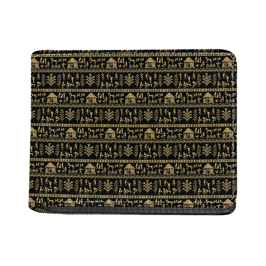Black And Gold Warli Pattern Print Bifold Wallet