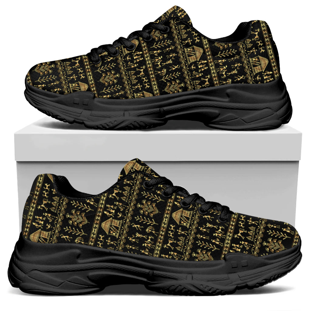 Black And Gold Warli Pattern Print Black Chunky Shoes