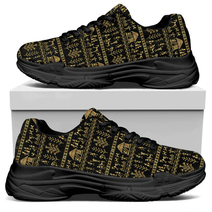 Black And Gold Warli Pattern Print Black Chunky Shoes