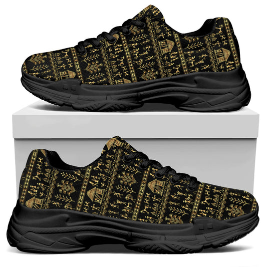 Black And Gold Warli Pattern Print Black Chunky Shoes