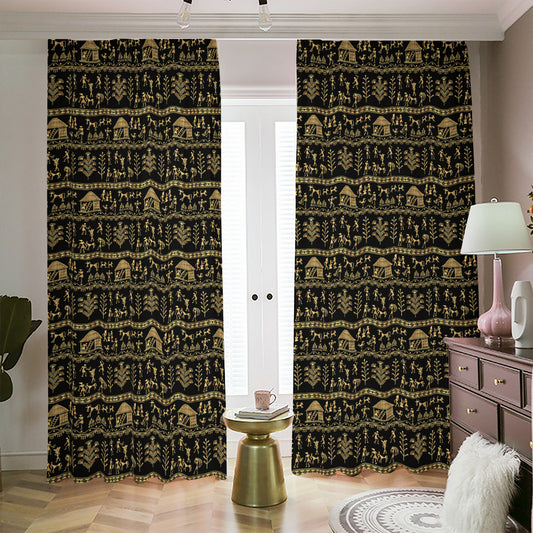Black And Gold Warli Pattern Print Blackout Pencil Pleat Curtains