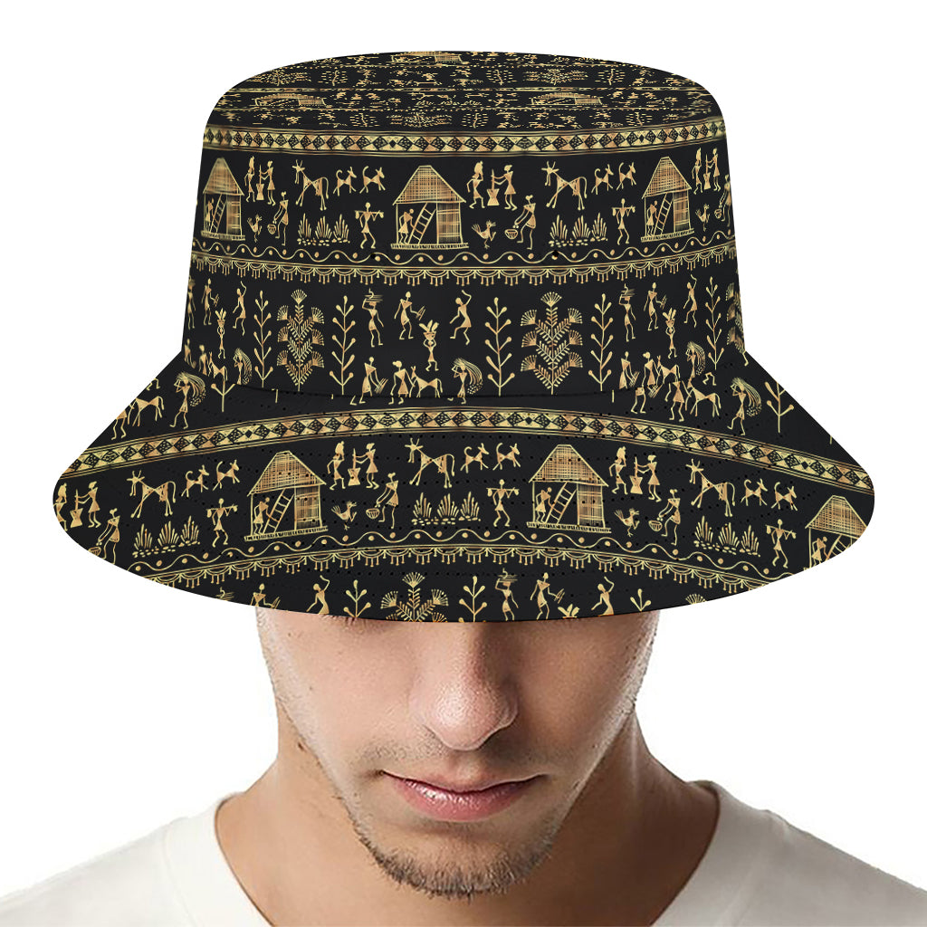 Black And Gold Warli Pattern Print Bucket Hat