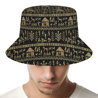Black And Gold Warli Pattern Print Bucket Hat