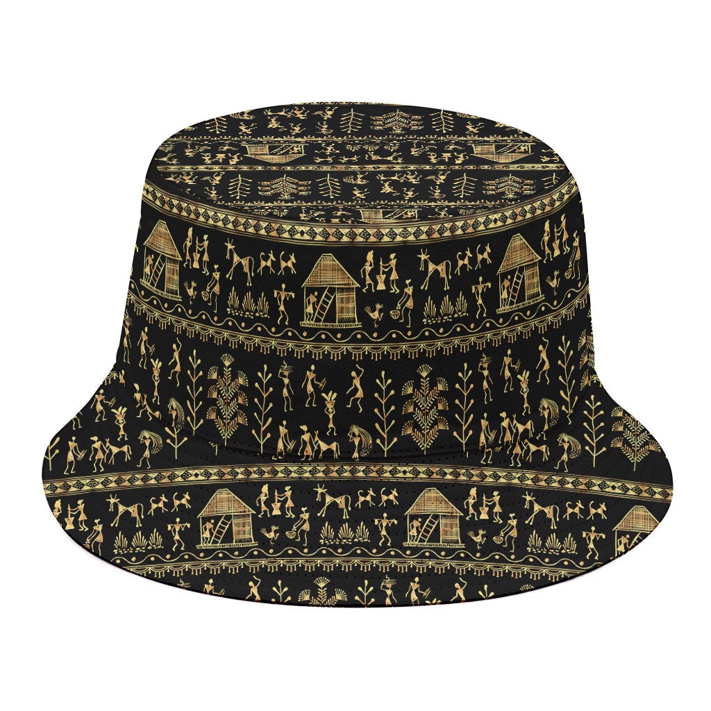 Black And Gold Warli Pattern Print Bucket Hat