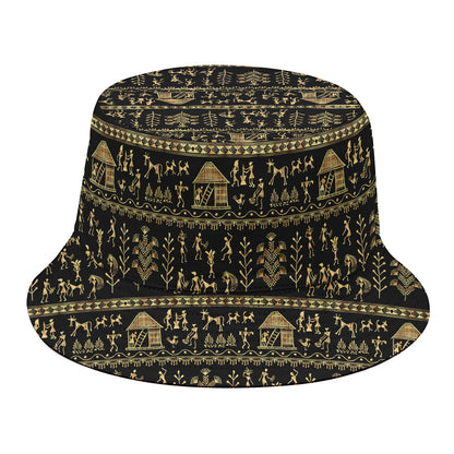 Black And Gold Warli Pattern Print Bucket Hat