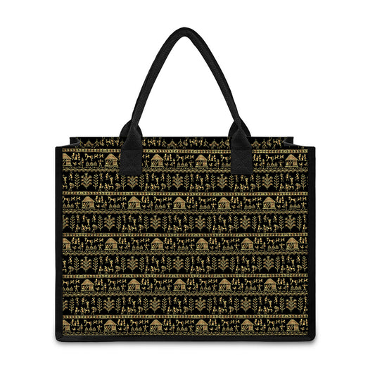 Black And Gold Warli Pattern Print Canvas Tote Bag