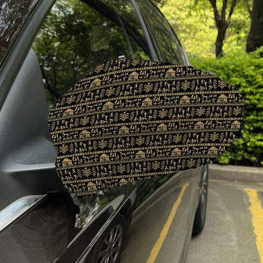 Black And Gold Warli Pattern Print Car Side Mirror Covers