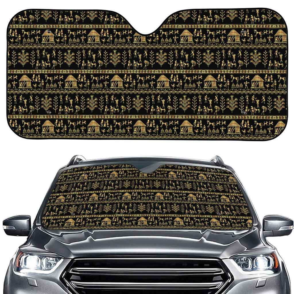 Black And Gold Warli Pattern Print Car Windshield Sun Shade