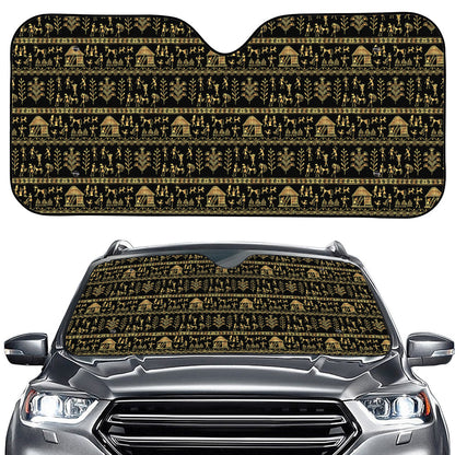 Black And Gold Warli Pattern Print Car Windshield Sun Shade