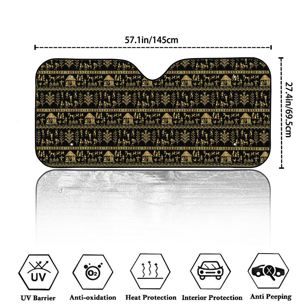 Black And Gold Warli Pattern Print Car Windshield Sun Shade