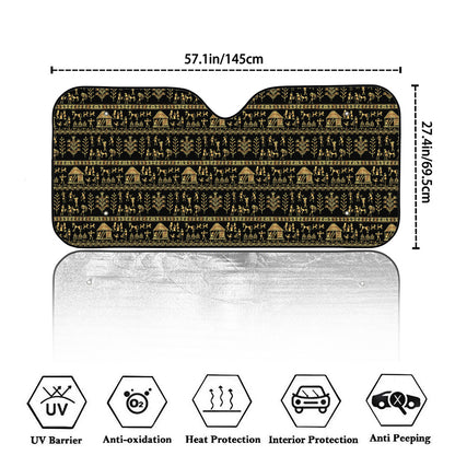 Black And Gold Warli Pattern Print Car Windshield Sun Shade