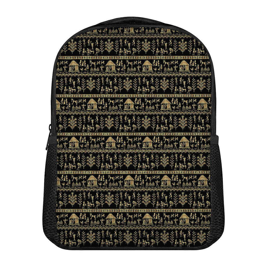 Black And Gold Warli Pattern Print Casual Backpack