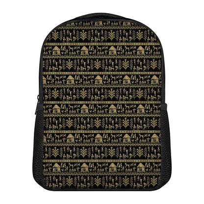Black And Gold Warli Pattern Print Casual Backpack