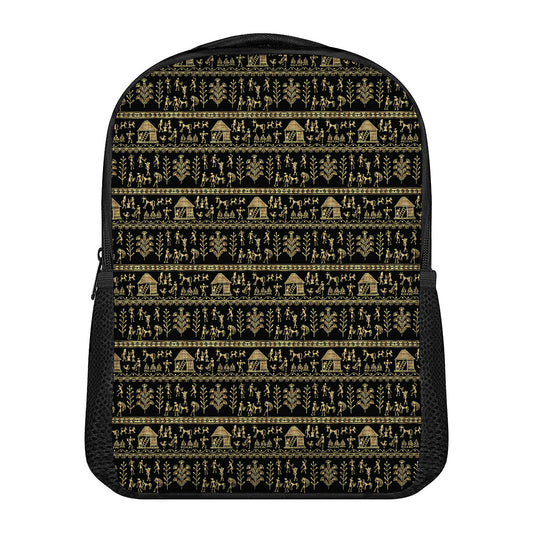Black And Gold Warli Pattern Print Casual Backpack
