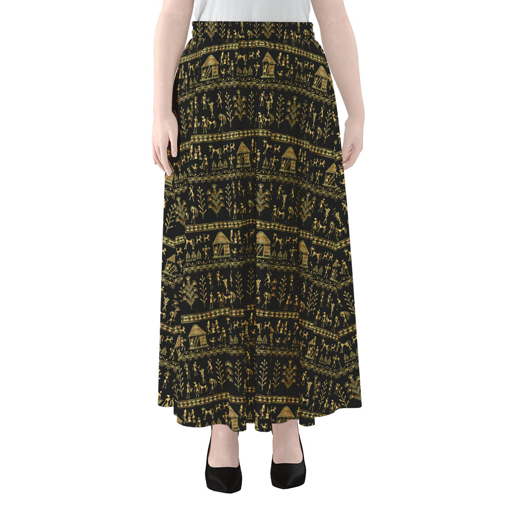 Black And Gold Warli Pattern Print Chiffon Maxi Skirt
