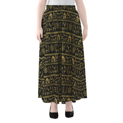 Black And Gold Warli Pattern Print Chiffon Maxi Skirt