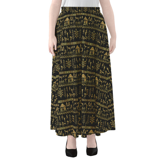 Black And Gold Warli Pattern Print Chiffon Maxi Skirt