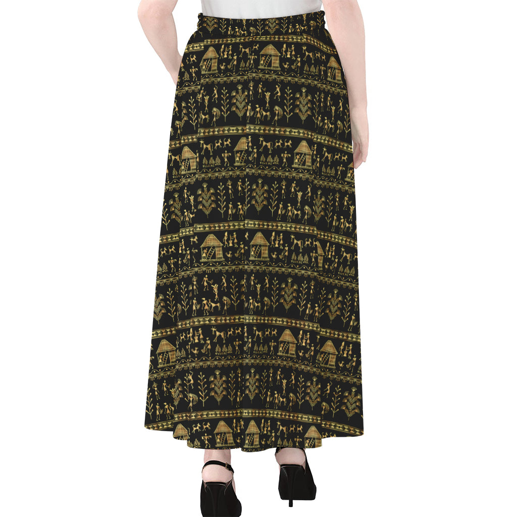Black And Gold Warli Pattern Print Chiffon Maxi Skirt