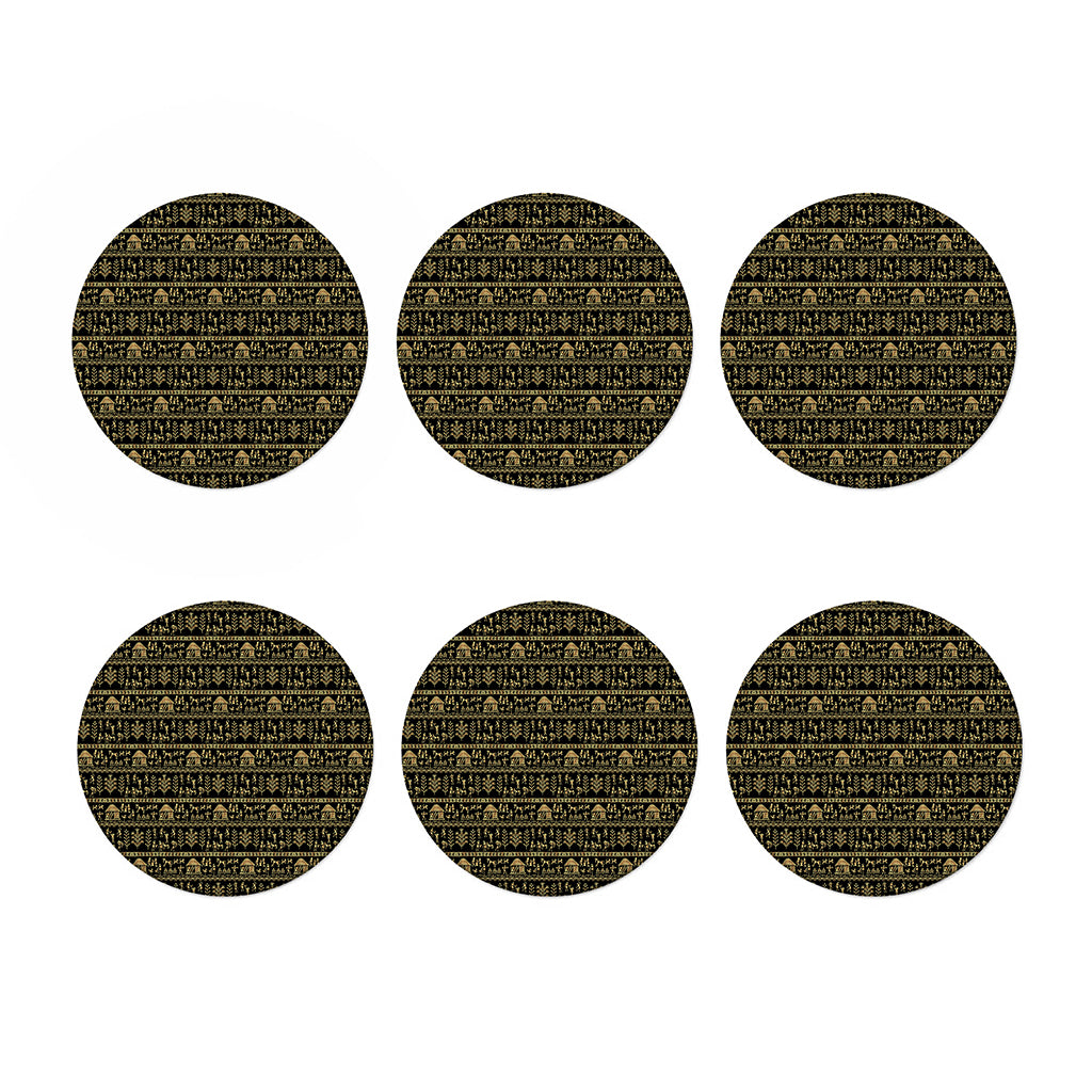 Black And Gold Warli Pattern Print Coaster Set