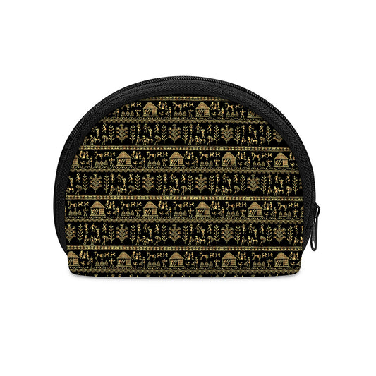 Black And Gold Warli Pattern Print Coin Purse