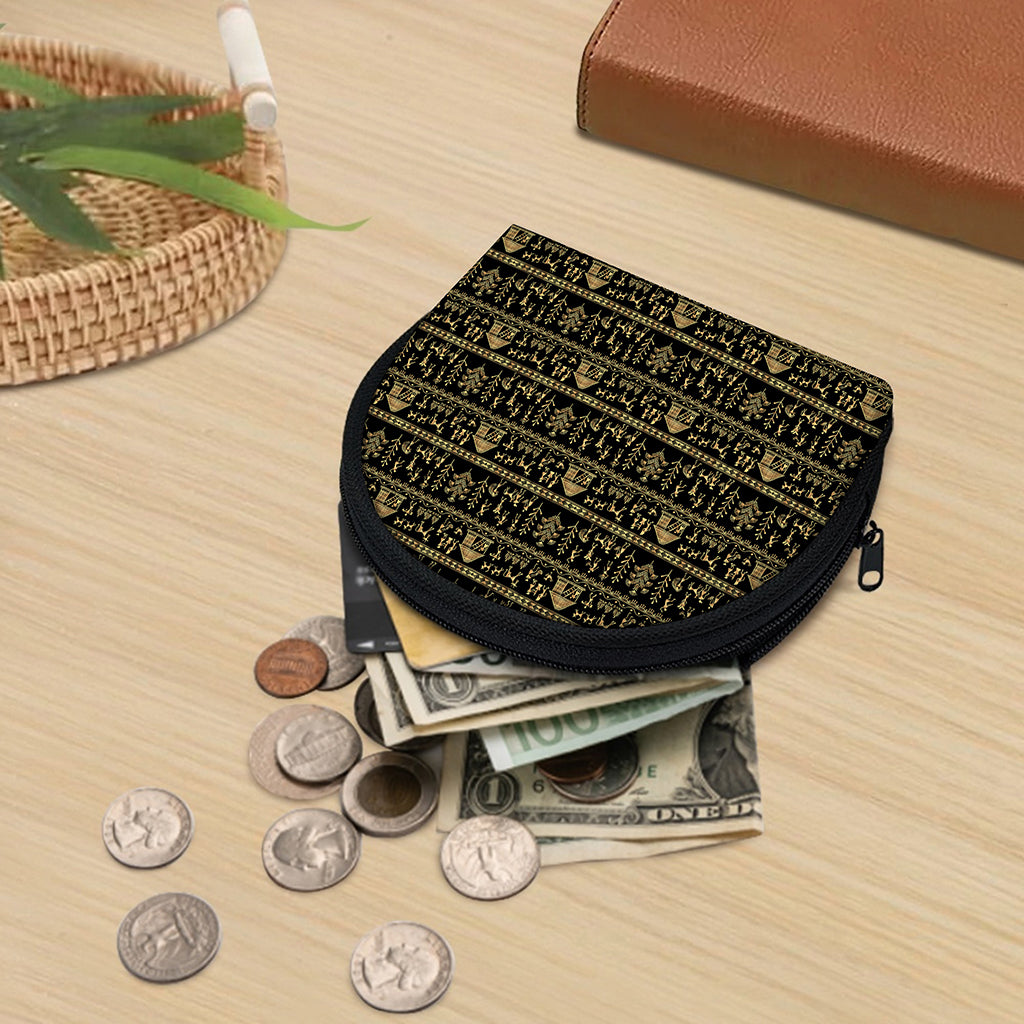 Black And Gold Warli Pattern Print Coin Purse