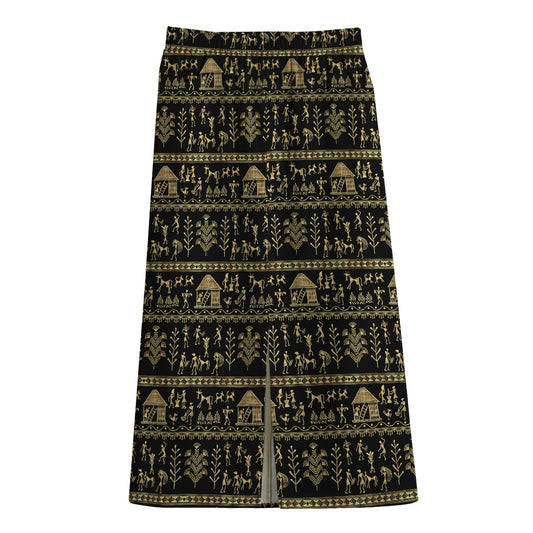 Black And Gold Warli Pattern Print Cotton Front Slit Maxi Skirt