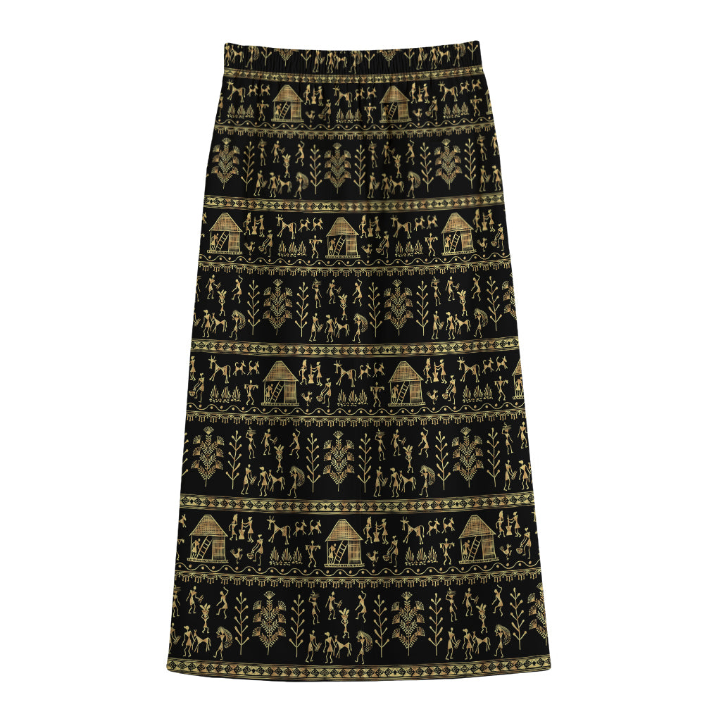 Black And Gold Warli Pattern Print Cotton Front Slit Maxi Skirt