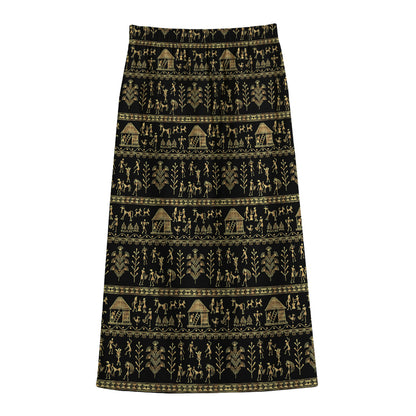 Black And Gold Warli Pattern Print Cotton Front Slit Maxi Skirt